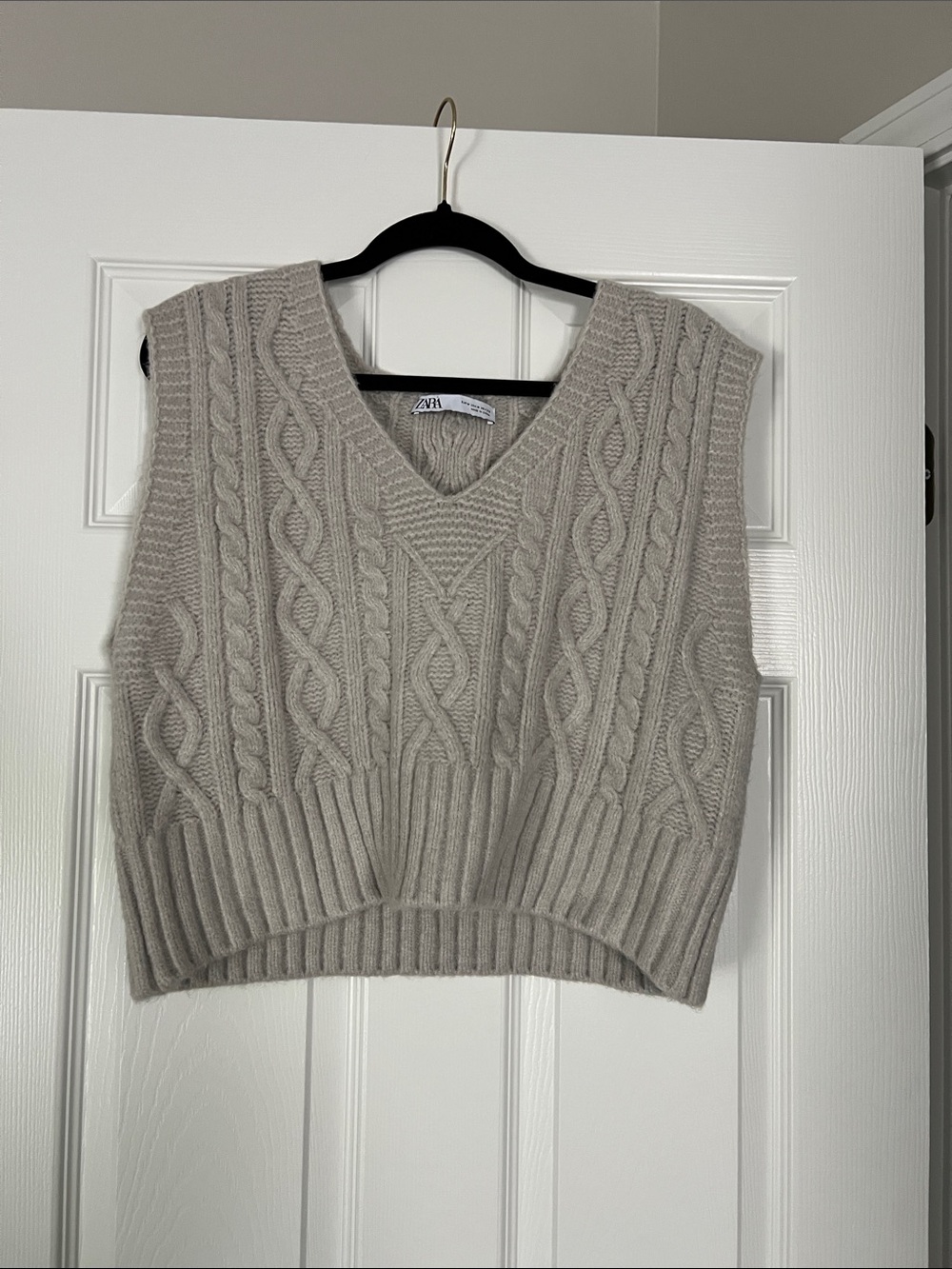 Zara Taupe Cable Knit V-Neck Sweater Vest